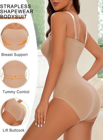 بدلة للجسم بدون حمالات - تحكم في البطن وقميص بدون خياطة للنساء، بيج، كبير in Kuwait