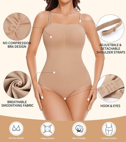 بدلة للجسم بدون حمالات - تحكم في البطن وقميص بدون خياطة للنساء، بيج، كبير in Kuwait