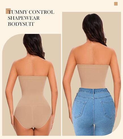 بدلة للجسم بدون حمالات - تحكم في البطن وقميص بدون خياطة للنساء، بيج، كبير in Kuwait