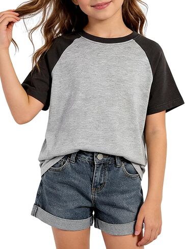 Girls Shirts Cute Short Sleeve Summer Tops Color Block Crewneck Basic Tee in Kuwait