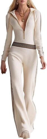 Women's color blocked striped hooded knitted jumpsuit long sleeved slim fit half zip jumpsuit wide leg pants in Saudi Arabia