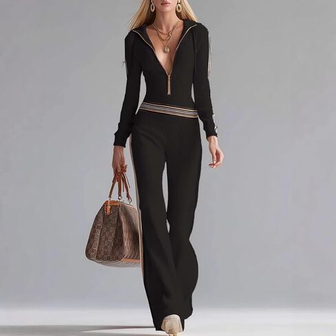 Women's color blocked striped hooded knitted jumpsuit long sleeved slim fit half zip jumpsuit wide leg pants in Saudi Arabia