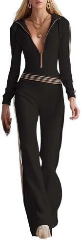 Women's color blocked striped hooded knitted jumpsuit long sleeved slim fit half zip jumpsuit wide leg pants in Saudi Arabia