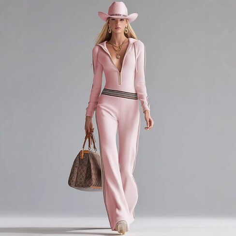 Women's color blocked striped hooded knitted jumpsuit long sleeved slim fit half zip jumpsuit wide leg pants in Saudi Arabia