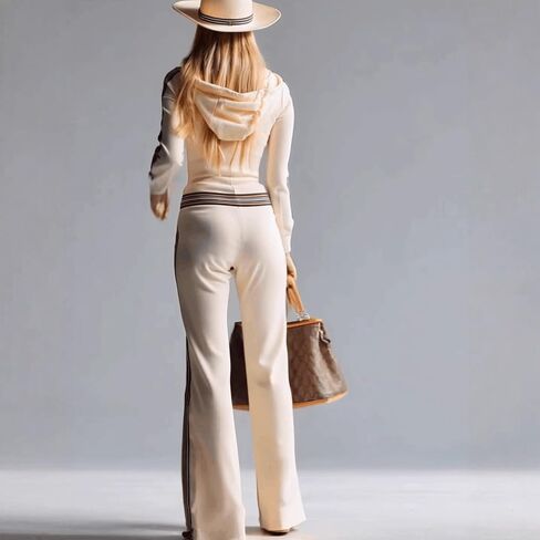 Women's color blocked striped hooded knitted jumpsuit long sleeved slim fit half zip jumpsuit wide leg pants in Saudi Arabia