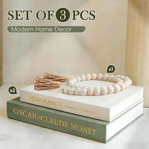 Decorative Books 3pcs, Set of 2 Linen Fake Books and 1 Bead Garland for Bookshelf Coffee Table Decor, Book Storage Boxes for Mantle Home Decor Living Room, Modern Neutral Aesthetic Decoration in Saudi Arabia