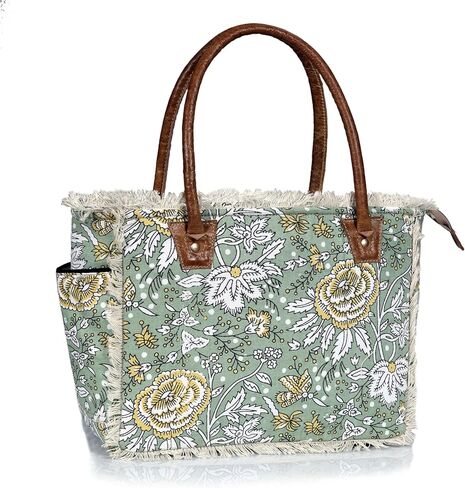 Boho Floral Canvas Tote Bag – Large Green Shoulder Bag with Fringe & Leather Handles | Laptop/Work/Everyday Bag for Women in Kuwait