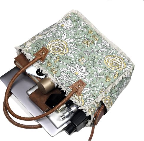 Boho Floral Canvas Tote Bag – Large Green Shoulder Bag with Fringe & Leather Handles | Laptop/Work/Everyday Bag for Women in Kuwait