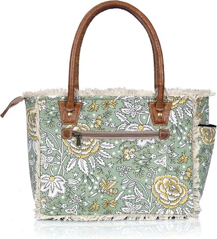 Boho Floral Canvas Tote Bag – Large Green Shoulder Bag with Fringe & Leather Handles | Laptop/Work/Everyday Bag for Women in Kuwait