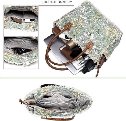 Boho Floral Canvas Tote Bag – Large Green Shoulder Bag with Fringe & Leather Handles | Laptop/Work/Everyday Bag for Women in Kuwait