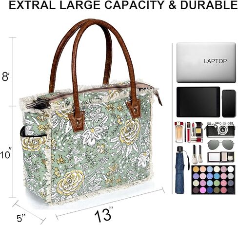 Boho Floral Canvas Tote Bag – Large Green Shoulder Bag with Fringe & Leather Handles | Laptop/Work/Everyday Bag for Women in Kuwait