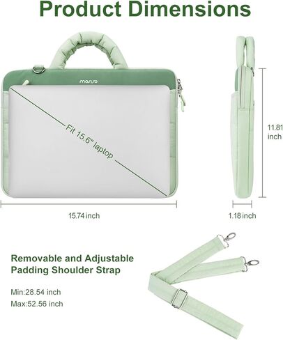 حقيبة كمبيوتر محمول واقية 360 من MOSISO للنساء، حقيبة كتف منتفخة وخفيفة الوزن مع حجرة كمبيوتر محمول وحزام عربة، حقيبة كمبيوتر مستطيلة مبطنة 15.6 بوصة مع مقبض وجيب أمامي، أخضر in Kuwait