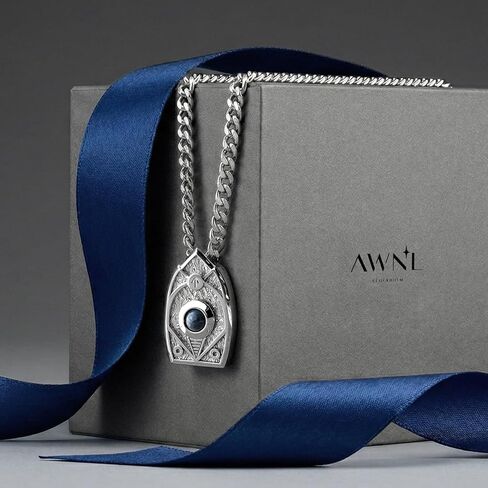 AWNL Men's Sterling Silver Pendant Necklace Hawk Eye Natural Gemstone Tiwaz Moving Ball Necklace with Stainless Steel Chain Gift for Men 24 Inch in Kuwait