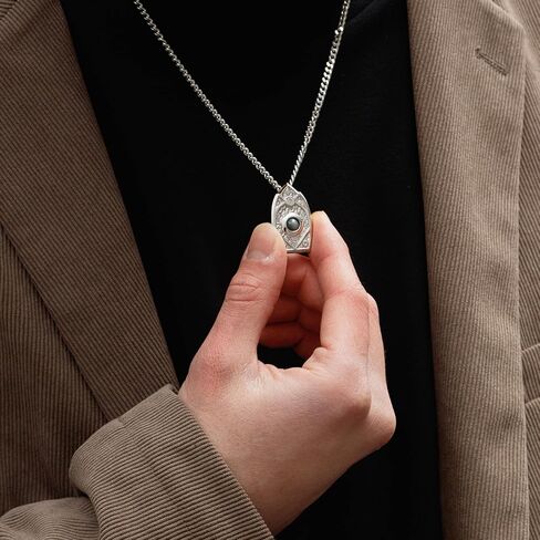 AWNL Men's Sterling Silver Pendant Necklace Hawk Eye Natural Gemstone Tiwaz Moving Ball Necklace with Stainless Steel Chain Gift for Men 24 Inch in Kuwait