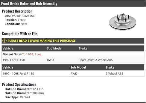 مجموعة دوار الفرامل الأمامية والمحور - متوافقة مع 1997-1999 Ford F150 RWD مع ABS بعجلتين (حتى 11/1999) in Saudi Arabia