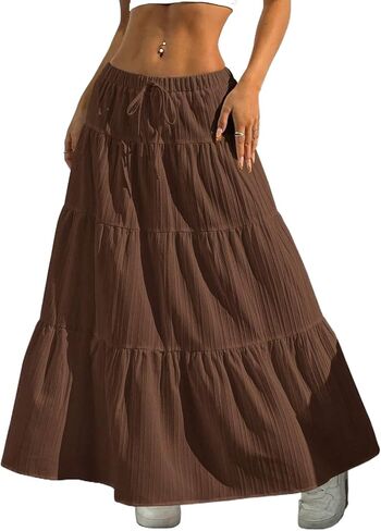 تنانير طويلة للنساء بحاشية مكشكشة، تنانير طويلة على شكل حرف A، خصر مرن، فستان طويل بوهو بطبقات أنيقة in Kuwait