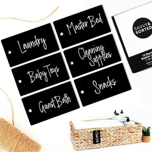 12 علامة سلة من الأكريليك الأبيض - حاملات ملصقات من سلسلة الجوت لصناديق التخزين - علامات تعليق من الأكريليك ملصقات للسلال - ملصقات سلة مثبتة - ملصقات مشبك بن - علامات تنظيم علامات هدايا شخصية in Kuwait