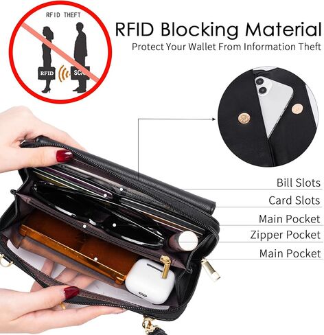 Small Crossbody Bags for Women, Touch Screen Cell Phone Purse with 6 Card Slots, RFID Blocking Leather Wristlet Wallet with Cross Body Strap for Travel Shopping Dating (Black) | Lightweight, Vegan Leather in Saudi Arabia