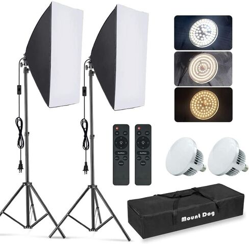 MOUNTDOG Softbox Lighting Kit, 2x19.7"x27.5" Photography Continuous Lighting System with 2pcs 85W 5700K E27 Socket LED Bulbs and Remote for Portrait Product Fashion Photography in Kuwait
