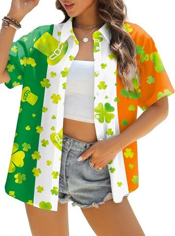 St Patrick's Day Shirt Women Irish Shamrock Print Tees St Patty's Lucky Shirts Paddy's Day Button Down Tops in Saudi Arabia