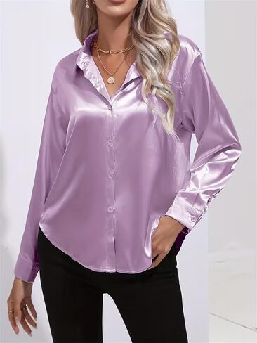Women’s Urban Style Satin Blouse Long Sleeve Silky Button Down Shirt Lapel Collar Loose Fit Silky Texture Durable Easy Care in Saudi Arabia
