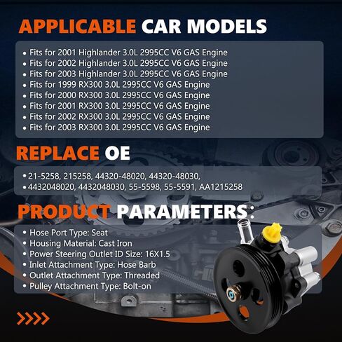 21-5258 Power Steering Pump with Pulley Fits for 2001 2002 2003 Highlander, 1999-2003 RX300 3.0L, OE-Quality Power Assist Pump, Replace OE 44320-48020 4432048030 in Saudi Arabia