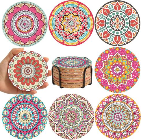 Cork Coasters Set of 8,Round Cork Coasters for Drinks,Colorful Coaster with Holder,Cute Bar Easter Coaster,Apartment Farmhouse Office Easter Decor,Birthday Gifts for Mom Grandma (Mandala 1) in Kuwait