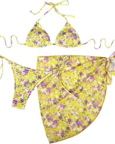 Women Sexy 3 Piece Floral Smocked Bikini Set, Halter Triangle Tie String Swimsuit, Thong Bathing Suit Cover Up Skirt in Saudi Arabia