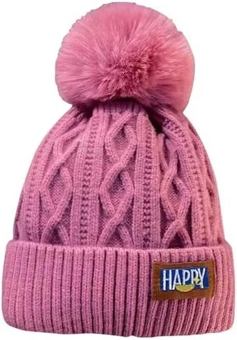 Happy Winter Cable Knit Beanie Hat with Faux Fur Pom Pom, Pink Colors, Ribbed Cuff, Warm Winter Wear- Pink in Saudi Arabia