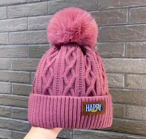 Happy Winter Cable Knit Beanie Hat with Faux Fur Pom Pom, Pink Colors, Ribbed Cuff, Warm Winter Wear- Pink in Saudi Arabia