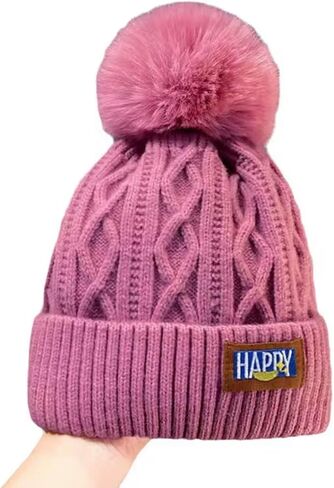 Happy Winter Cable Knit Beanie Hat with Faux Fur Pom Pom, Pink Colors, Ribbed Cuff, Warm Winter Wear- Pink in Saudi Arabia