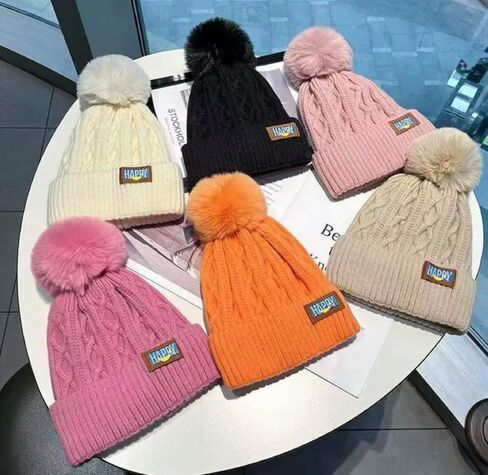 Happy Winter Cable Knit Beanie Hat with Faux Fur Pom Pom, Pink Colors, Ribbed Cuff, Warm Winter Wear- Pink in Saudi Arabia