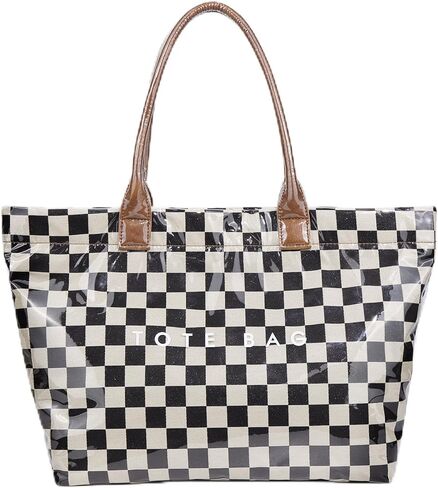 Checkered Tote Bag Large Plaid PVC Tote Bag for Women Plastic Letters Print Handbag for Work Shopping in Saudi Arabia