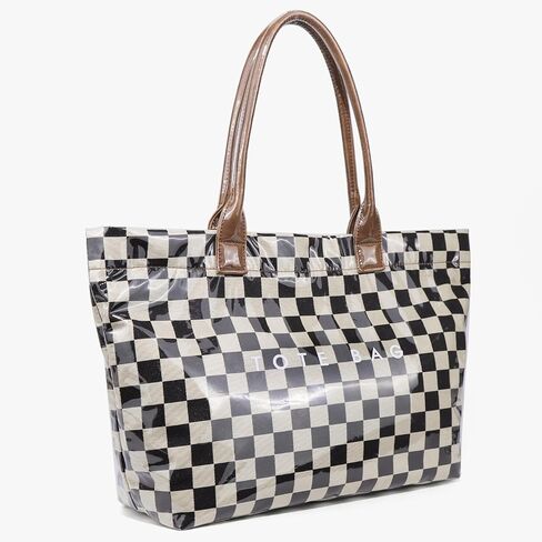 Checkered Tote Bag Large Plaid PVC Tote Bag for Women Plastic Letters Print Handbag for Work Shopping in Saudi Arabia