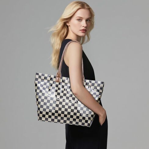 Checkered Tote Bag Large Plaid PVC Tote Bag for Women Plastic Letters Print Handbag for Work Shopping in Saudi Arabia