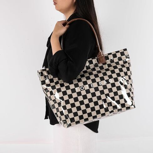 Checkered Tote Bag Large Plaid PVC Tote Bag for Women Plastic Letters Print Handbag for Work Shopping in Saudi Arabia