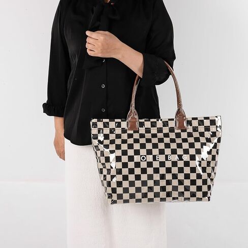 Checkered Tote Bag Large Plaid PVC Tote Bag for Women Plastic Letters Print Handbag for Work Shopping in Saudi Arabia