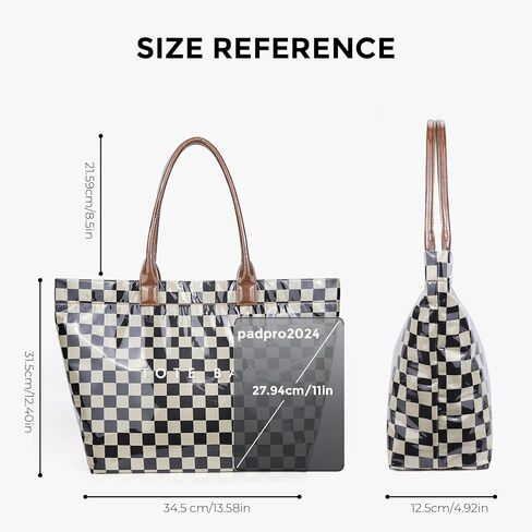 Checkered Tote Bag Large Plaid PVC Tote Bag for Women Plastic Letters Print Handbag for Work Shopping in Saudi Arabia