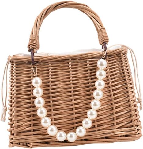 OUNONA Woven Straw Beach Bag Pearls Portable Handbag for Women Stylish Summer Tote for Vacation for Pool and Beach in Kuwait