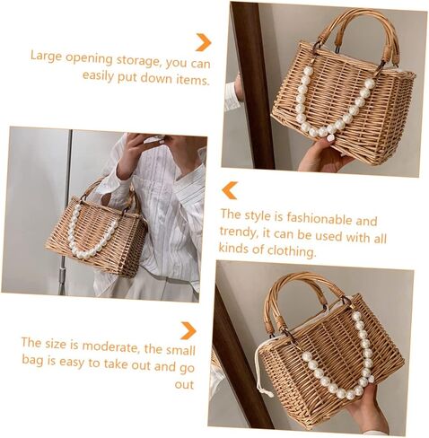 OUNONA Woven Straw Beach Bag Pearls Portable Handbag for Women Stylish Summer Tote for Vacation for Pool and Beach in Kuwait