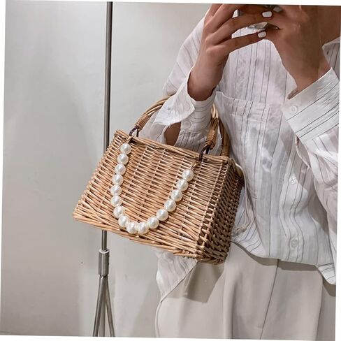 OUNONA Woven Straw Beach Bag Pearls Portable Handbag for Women Stylish Summer Tote for Vacation for Pool and Beach in Kuwait