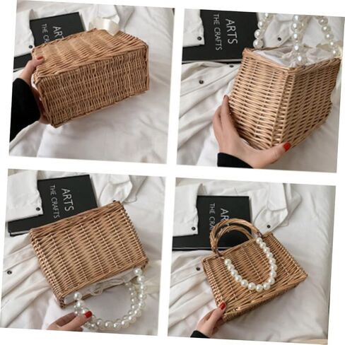 OUNONA Woven Straw Beach Bag Pearls Portable Handbag for Women Stylish Summer Tote for Vacation for Pool and Beach in Kuwait