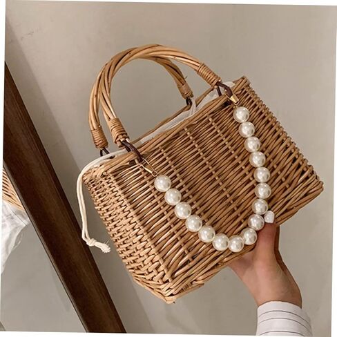 OUNONA Woven Straw Beach Bag Pearls Portable Handbag for Women Stylish Summer Tote for Vacation for Pool and Beach in Kuwait