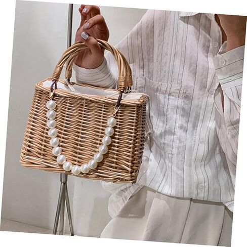 OUNONA Woven Straw Beach Bag Pearls Portable Handbag for Women Stylish Summer Tote for Vacation for Pool and Beach in Kuwait