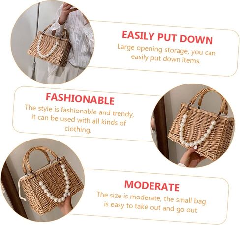 OUNONA Woven Straw Beach Bag Pearls Portable Handbag for Women Stylish Summer Tote for Vacation for Pool and Beach in Kuwait