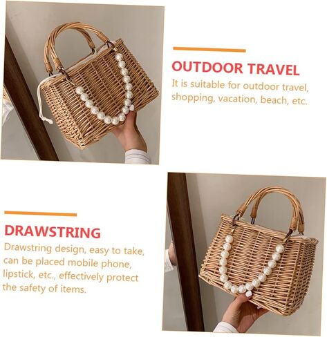 OUNONA Woven Straw Beach Bag Pearls Portable Handbag for Women Stylish Summer Tote for Vacation for Pool and Beach in Kuwait