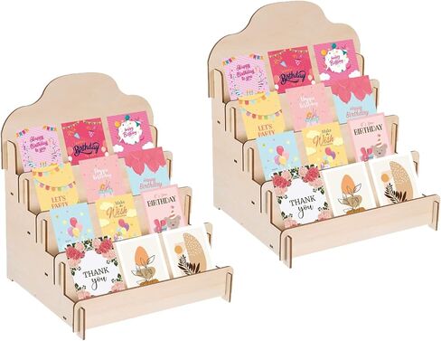 PATIKIL Greeting Card Display Stand, 2 Pcs 4 Tiered Sticker Display Holder Portable Postcard Display Stand Wooden Greeting Card Display Rack for Card Photo, 15.8 x 10.4 x 14.2, Beige in Kuwait