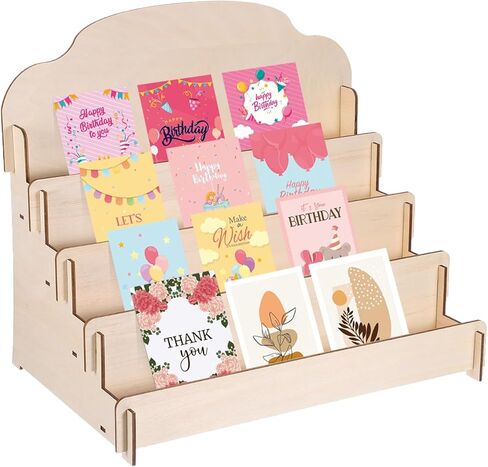 PATIKIL Greeting Card Display Stand, 2 Pcs 4 Tiered Sticker Display Holder Portable Postcard Display Stand Wooden Greeting Card Display Rack for Card Photo, 15.8 x 10.4 x 14.2, Beige in Kuwait