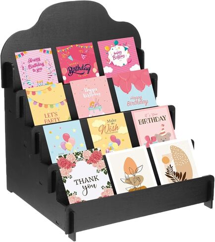 PATIKIL Greeting Card Display Stand, 2 Pcs 4 Tiered Sticker Display Holder Portable Postcard Display Stand Wooden Greeting Card Display Rack for Card Photo, 15.8 x 10.4 x 14.2, Beige in Kuwait