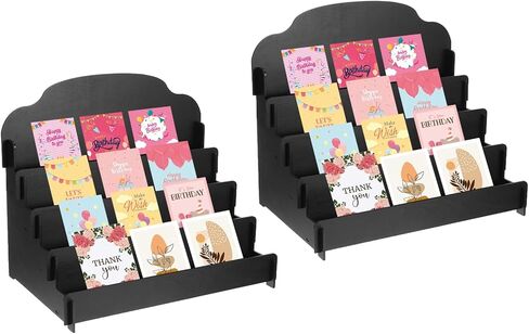 PATIKIL Greeting Card Display Stand, 2 Pcs 4 Tiered Sticker Display Holder Portable Postcard Display Stand Wooden Greeting Card Display Rack for Card Photo, 15.8 x 10.4 x 14.2, Beige in Kuwait
